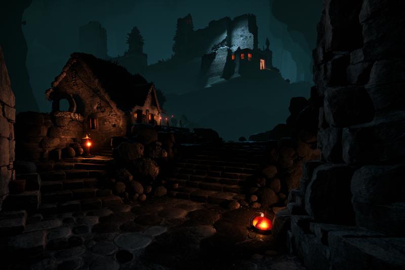 00546-3775693610-Concept art,eerie horror scenes,western magic style,stairs,scenery,ruins,sitting,fire,cave,outdoors,campfire,standing,moon,dark,.png